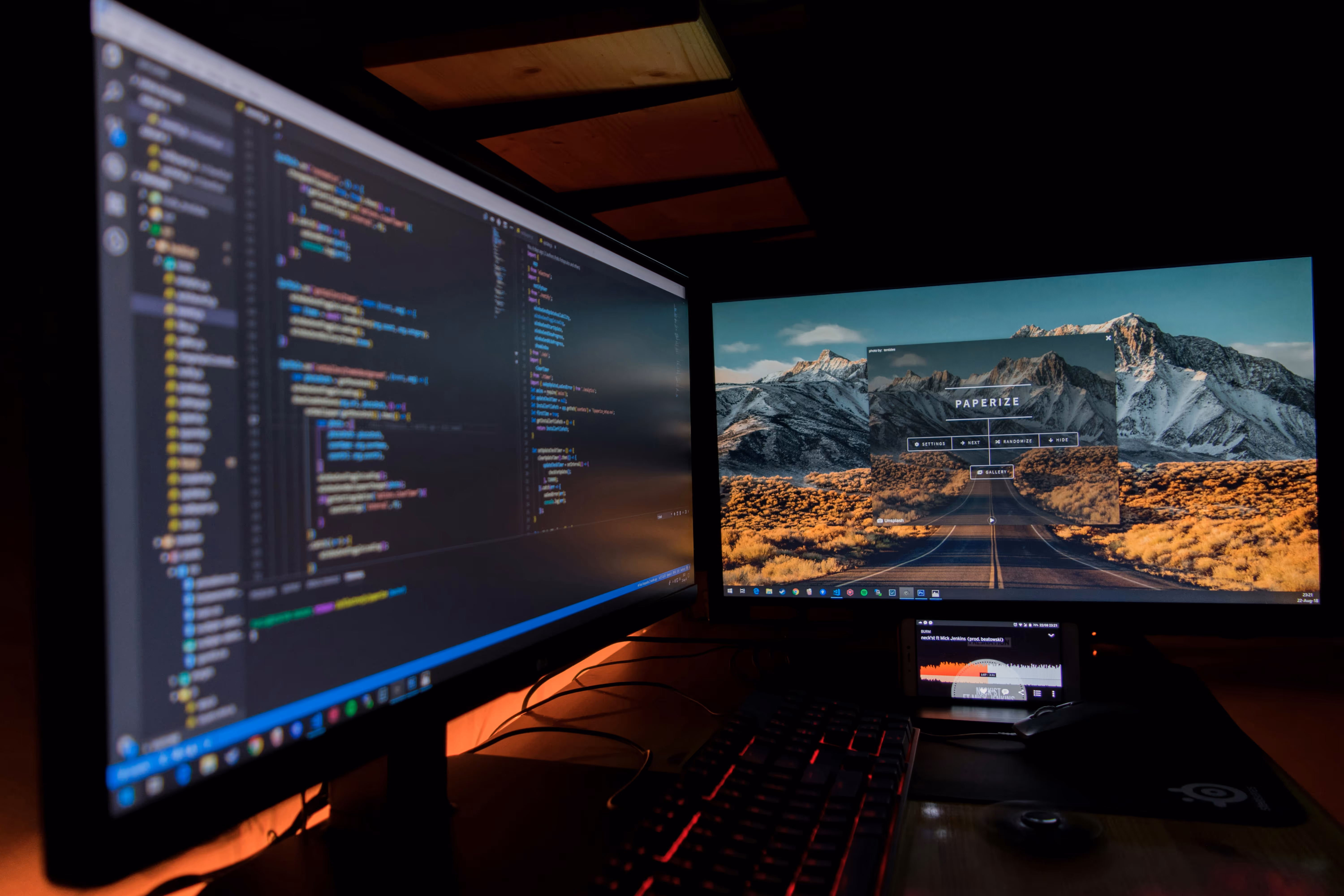 A dual-monitor workspace for running email campaigns